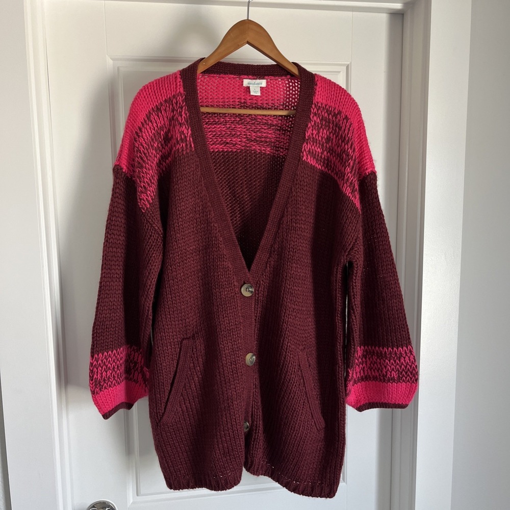 Sundance Chunky Knit Cardigan Sweater Burgundy Wool Blend Oversized L Preppy - Picture 2 of 16